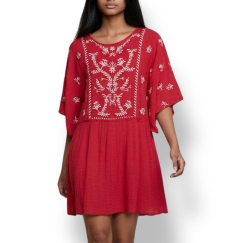 4/$20 En Crème Red Embroidered Boho Midi Dress Size Small